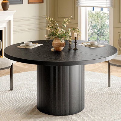 47Inch Round Dining Table for 4-6 People, Black Dining Room Table with Sturdy Waveform Metal Pedestal Base, Industrial Circle Kitchen Table for Dining Room, Kitchen