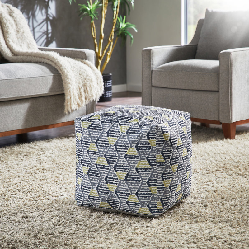 Doniphan Upholstered Square Pouf Ottoman, Blue Graphic Print