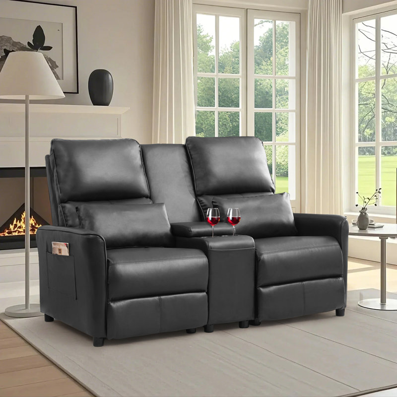 Causeuse inclinable manuelle avec console centrale et porte-gobelets pour le salon, Noir