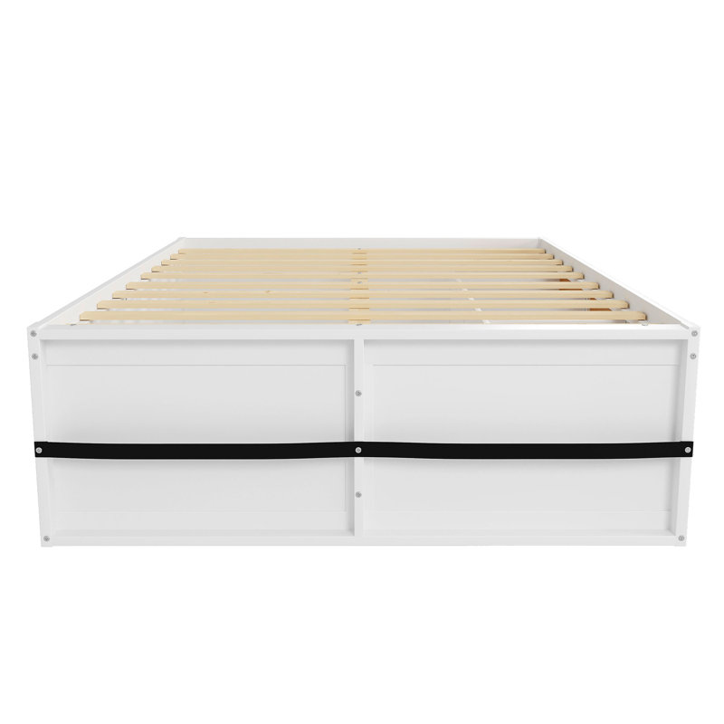 Lit plateforme en bois avec bibliothèque Eulalie, éclairage DEL et tiroir, Grand lit, Blanc/naturel