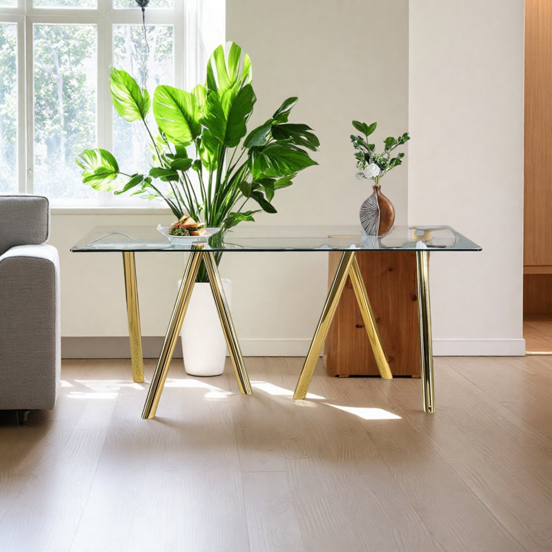 Table de salle à manger en verre trempé 71 pouces, H 30 po x L 71 po x l 35,5 po, Doré