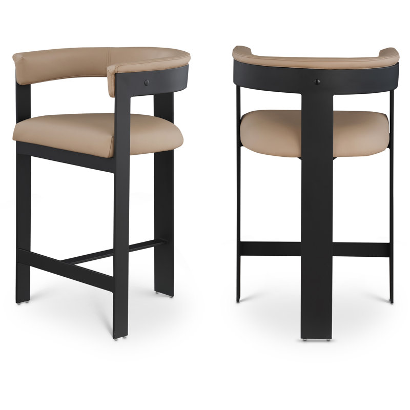 Tabouret de comptoir Romeo Hermi, Cuir brun clair végétalien, Thermolaquage noir mat