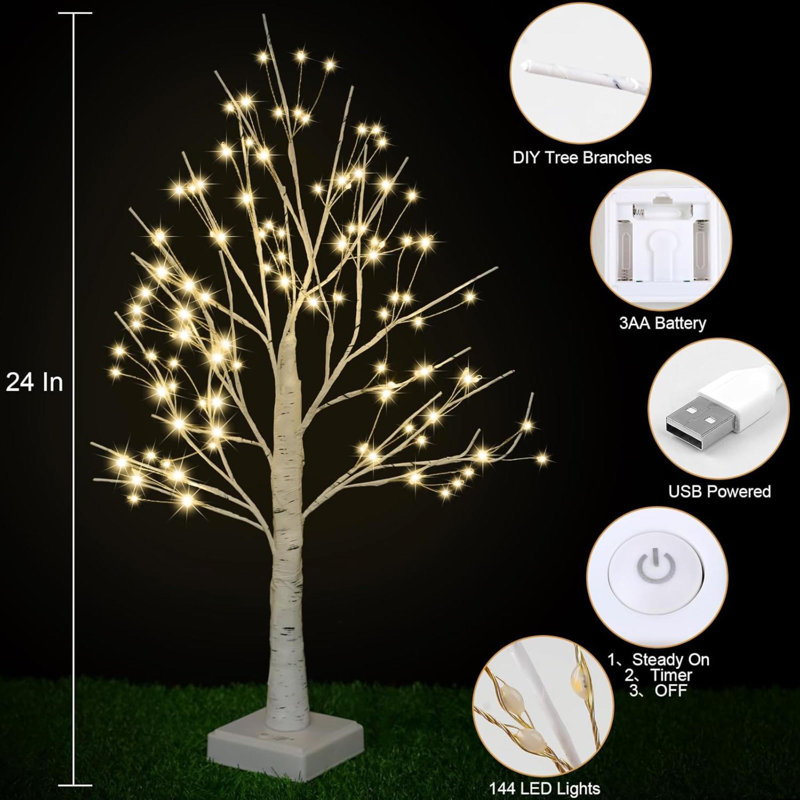 144 LED Artificial Tree Lamp With Timer, DIY Birch Tree With LED Lights, Lighted Up Tree Lamp USB/Battery Powered, Fairy Light Spirit Tree For Table Home Wedding Bedroom Christmas (Warm White)