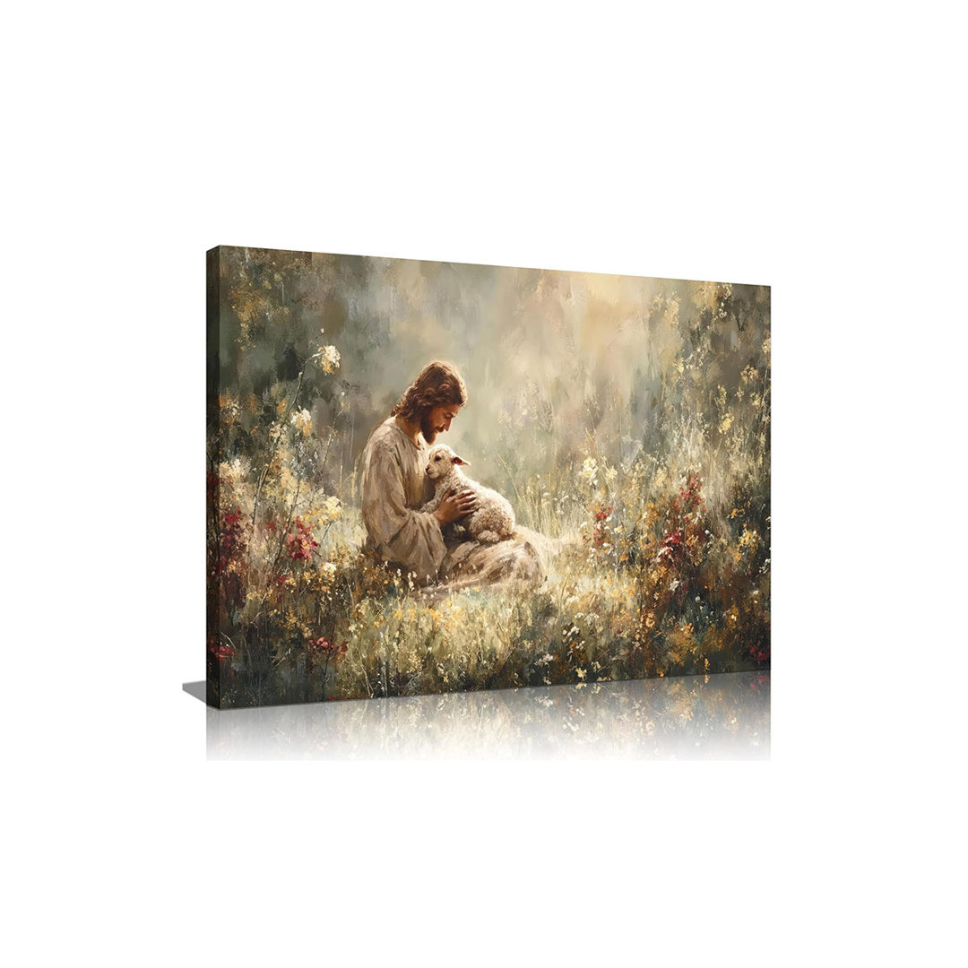 Jesus and Lamb Canvas Wall Art Jesus Holding The Lost Lamb Wall Decor Good Shepherd Poster God Leaves the 99 Sheep Pictures Christian Religious Painti