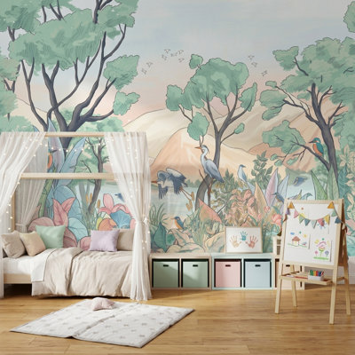 Papier peint pastel, paysage, oiseaux de forêt, décoration murale amovible