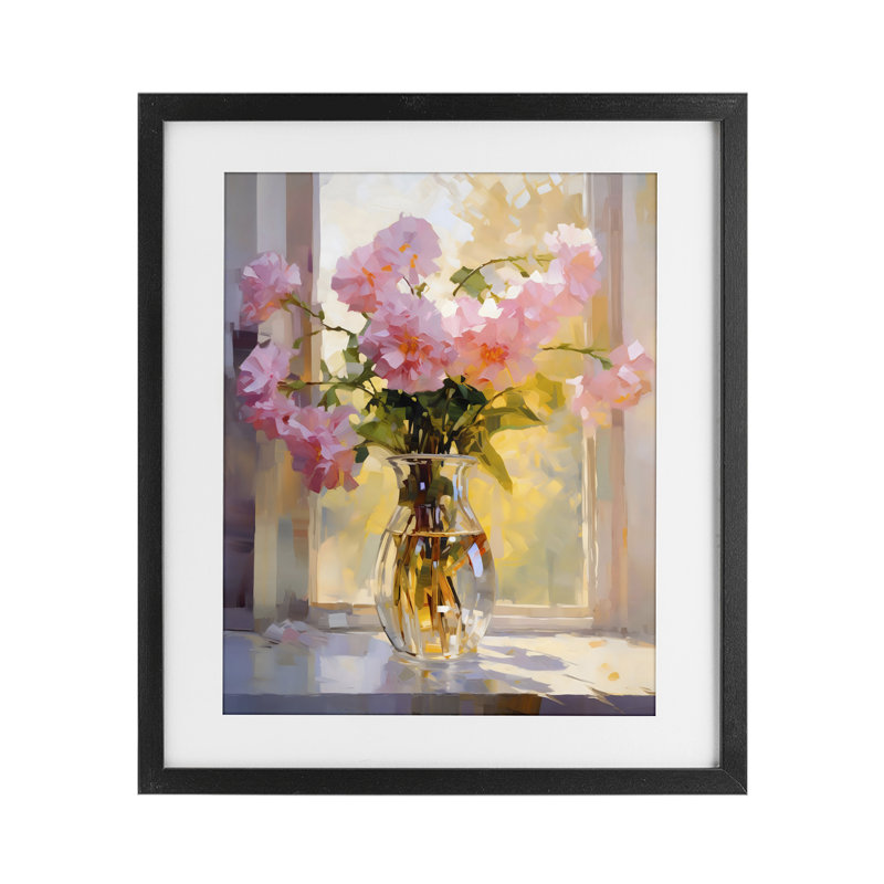 Fleurs roses dans un vase ensoleillé, reproduction encadrée sous verre, design by Creative Studio, 16 x 13
