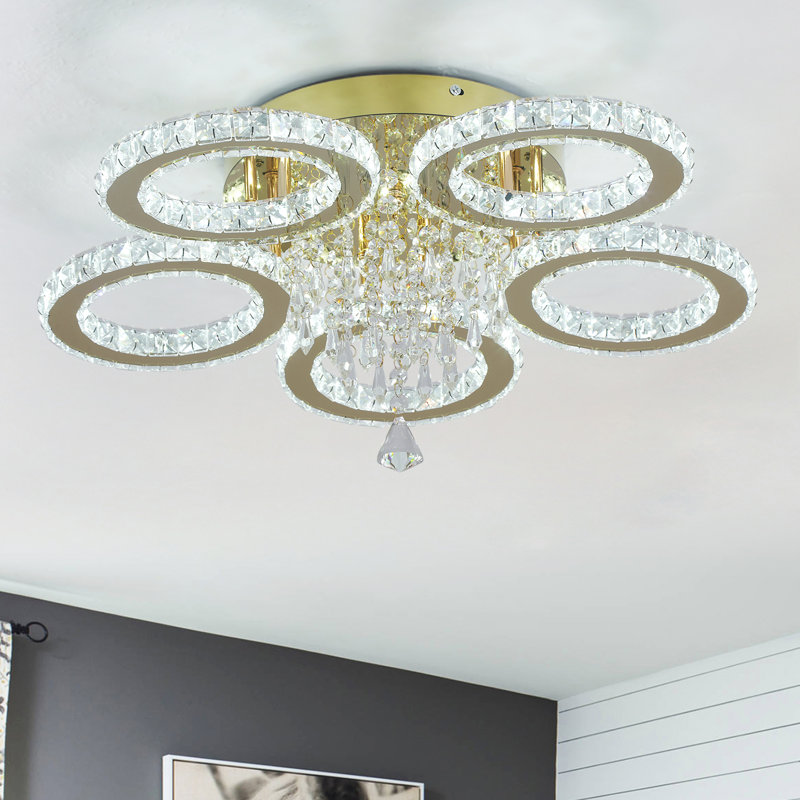 Luxury Ring LED Crystal Chandelier, Gold Finish And K9 Crystal Accents, 5 Lights, 3000 Kelvins-4500 Kelvins-6000 Kelvins, No