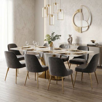 Table de salle à manger de luxe 79 po en faux marbre 79 pour 6 à 8 personnes, table de salle à manger rectangulaire avec plateau en pierre frittée et base en métal doré, table de cuisine moderne pour le salon (table seulement)