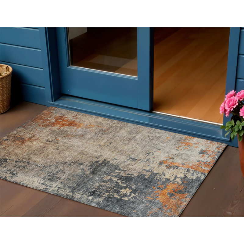 Tapis extérieur lavable abstrait kaki et cuivre 3 pi x 5 pi