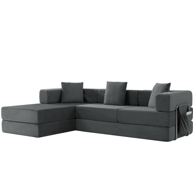 Canapé modulaire de 108 po avec méridienne en L et siège profond, Velours côtelé gris