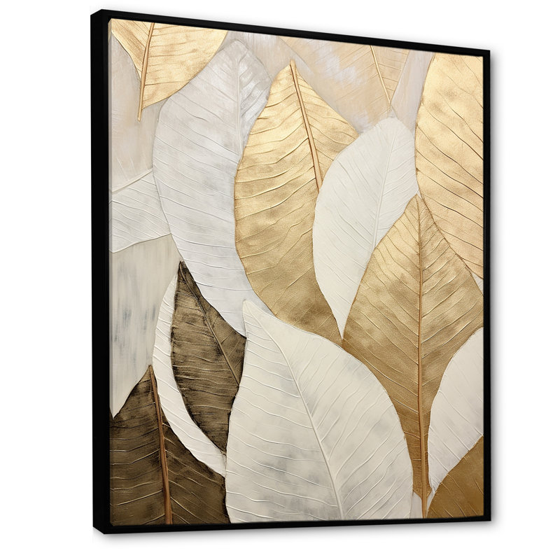 Gold Minimalism Leaves Collage III - Print, Black Floater Framed, 32" H x 16" W x 1" D