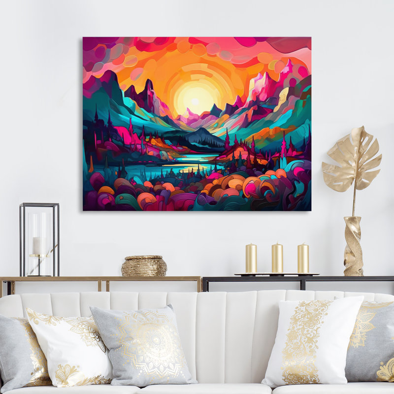 Coucher de soleil éclatant qui brille au-dessus des montagnes III - reproduction, H 16 po x l 32 po x P 1 po, Toile tendue
