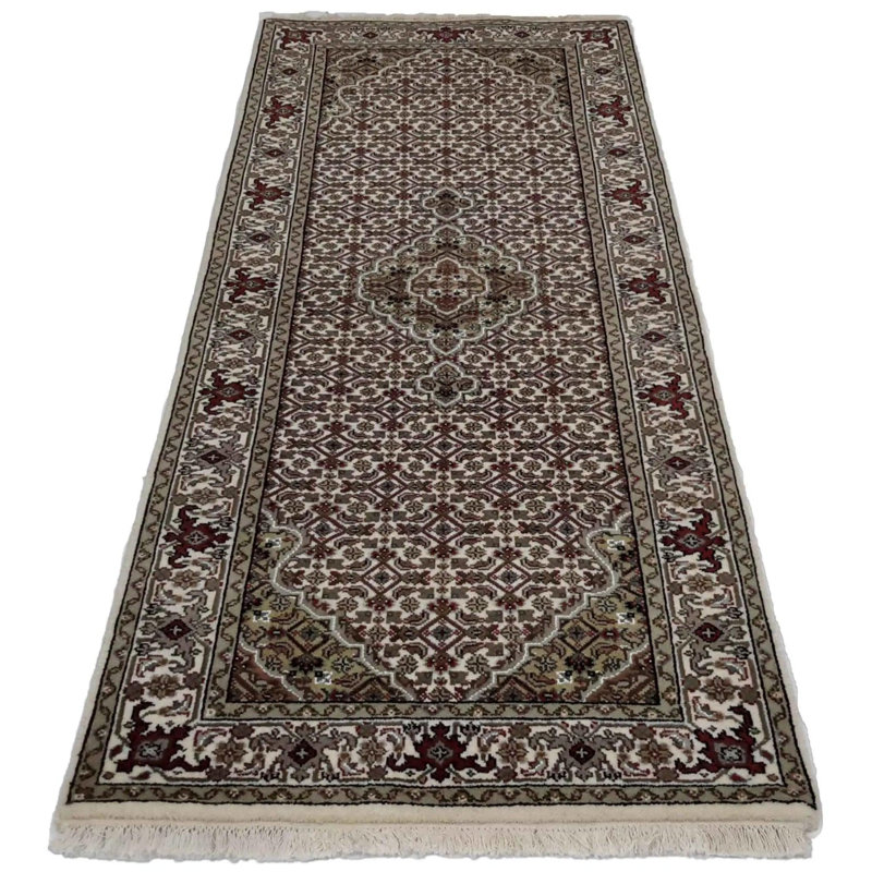 Tapis vert / brun / beige en laine / coton oriental fait à la main 2 pi 7 po x 6 pi 8 po