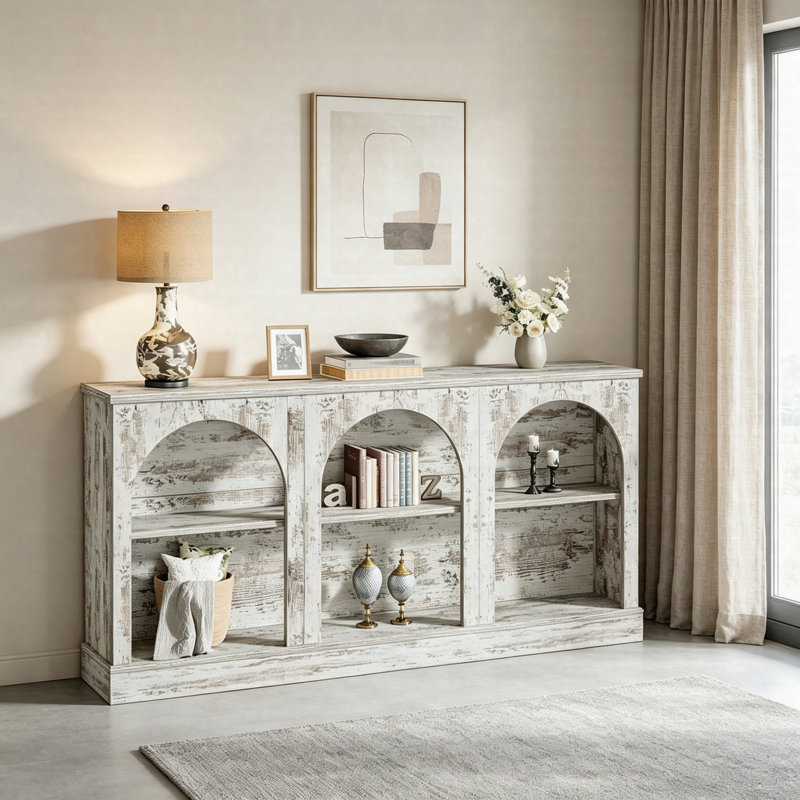 Console 63 po, table d'entrée avec rangement à 3 niveaux, canapé rustique pour le couloir et le salon, Blanc patiné