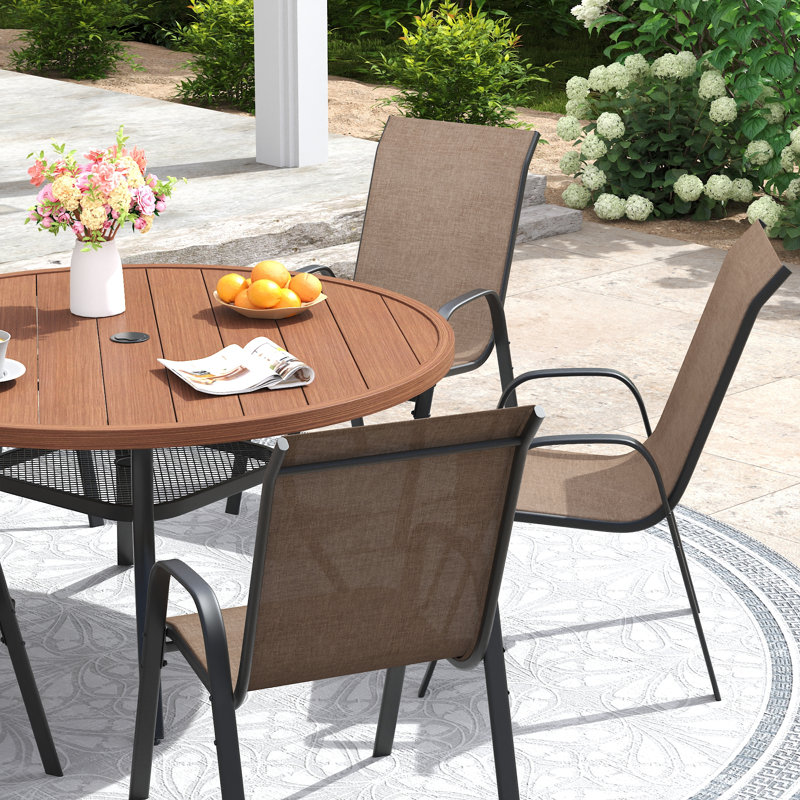 Ensemble repas pour patio 6 personnes avec chaises empilables, Bois brossé brun / noir / brun, 6