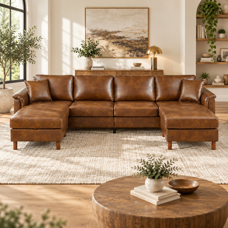 Canapé d'angle en forme de U de 305 cm (120 po) avec 2 poufs de rangement amovibles, revêtement en cuir PU et ressorts ensachés, brun vintage