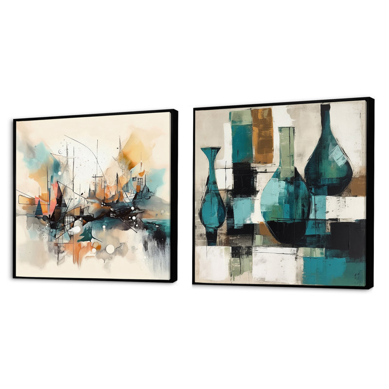 Green and Cream Abstracted Realities - Ensemble de 2 collages carrés abstraits, Cadre flottant noir, H 16 po x l 33 po