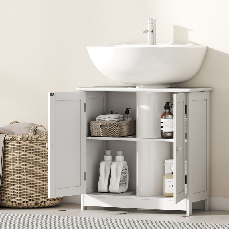 Meuble sous-évier de 61 cm (24 po) avec 2 portes et étagères, meuble-lavabo pour lavabo sur pied, blanc