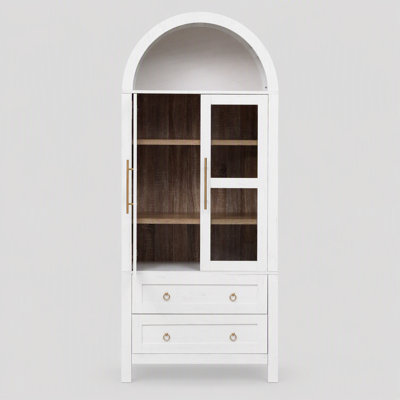71" Tall Arched Kitchen Pantry Cabinet with 2 Large Drawers, Modern Farmhouse Kitchen Storage Cabinets with Adjustable Shelves, Glass Door, Wood Versa