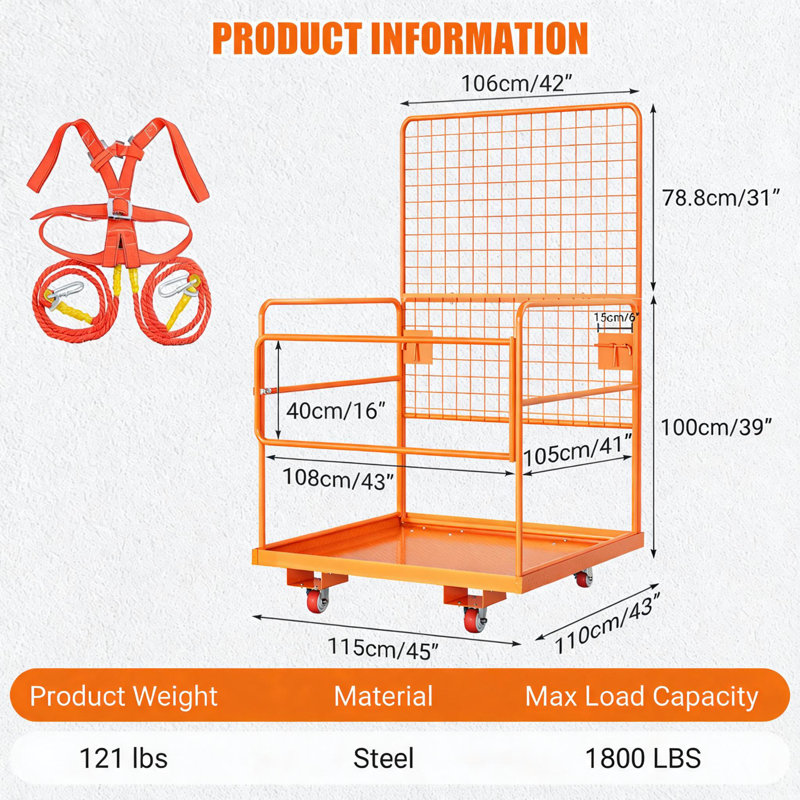 Cage de sécurité pour chariot élévateur conforme à la norme OSHA - capacité de 1800 lb, panier pour homme en acier de 43 po x 45 po x 77 po avec harnais de sécurité et plateforme antidérapante - Tube rond, cadre noir + clôture jaune