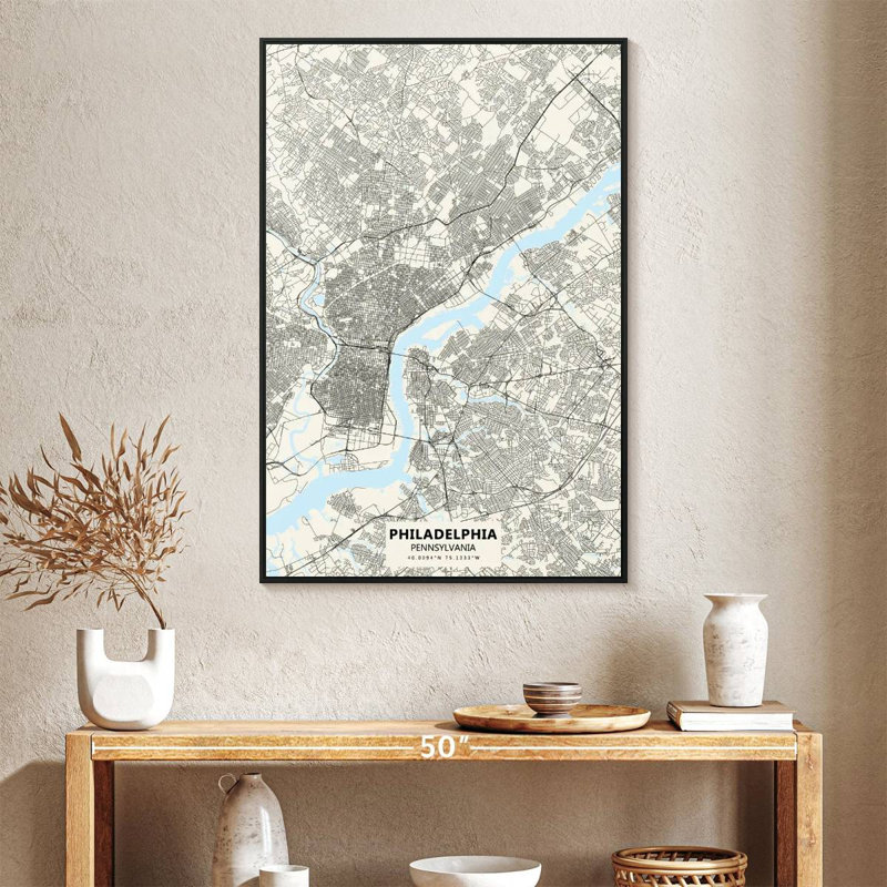 Carte de la ville de Philadelphie, Cadre flottant noir, 27 po x 40 po