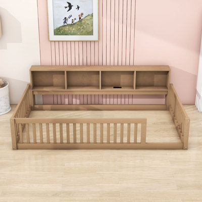 Wood Twin XL Floor Bed with Built-In Storage Shelves and USB Charging Ports by Lark Manor