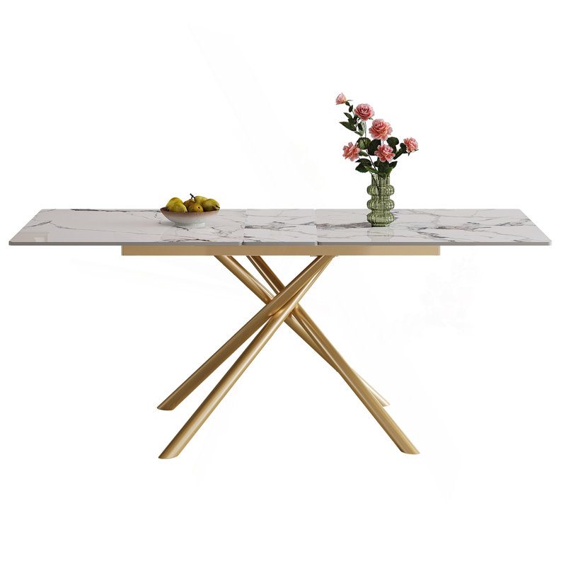 59-Inch Modern Rectangle Expandable Dining Table With Retractable Leaf, Sintered Stone Top & Carbon Steel X-Base, Sturdy 4-6 Person Table For Small Apartments, Kitchen, Dining Room