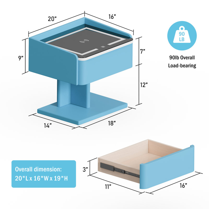 Table de chevet intelligente avec éclairage 3 couleurs, chargement sans fil, haut-parleurs USB et Bluetooth