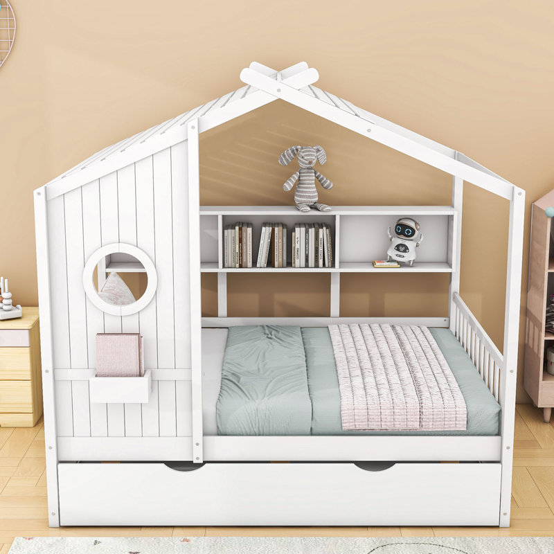Lit plateforme en bois avec lit gigogne et tablettes de rangement, forme maison, Double, Blanc