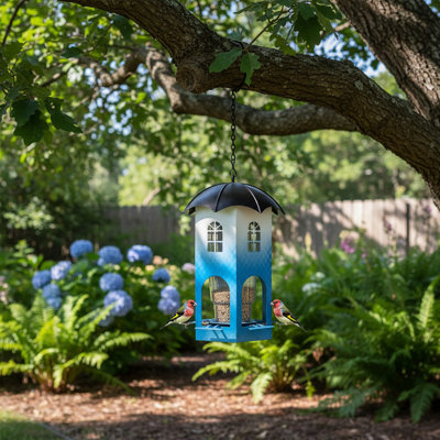 Outdoor Hanging Bird Feeder, Ornate Metal Castle Design with Decorative Cut-Outs for  Garden Porch Patio Tree