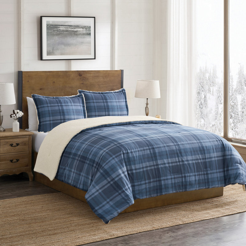 VCNY Home Plaid 3-Piece Brushed Cotton Flannel and Sherpa Comforter Set, Blue