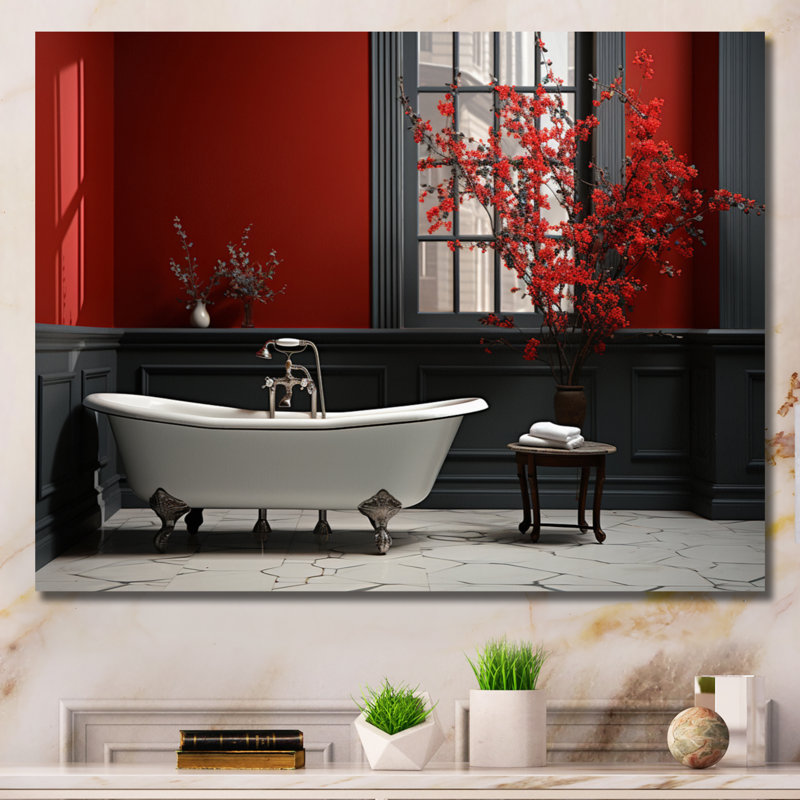 Rouge moderne, charme de salle de bain V - Art mural, H 16 po x l 32 po x P 1 po, Toile tendue