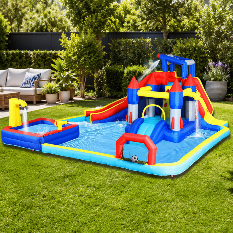 Jardin gonflable avec parc aquatique gonflable 10 en 1 avec piscine Splash et pistolet à eau et mur d'escalade et basketball