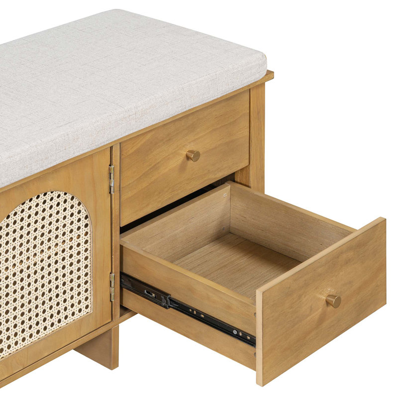 Banc à chaussures rétro avec coussin, 2 tiroirs et 2 portes en rotin, Naturel