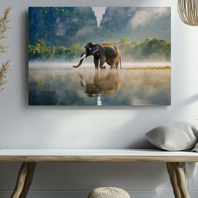 Toile dans une brume tranquille Laden, paysage d'un majestueux éléphant, art mural au bord d'un miroir vitreux
