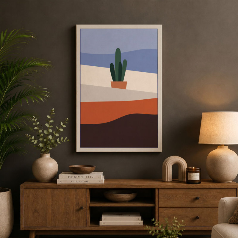 Desert Saguaro Minimalist 1 Piece Wrapped Canvas Wall Art, 18x12 - 45.7 x 30.5 cm, Black Border