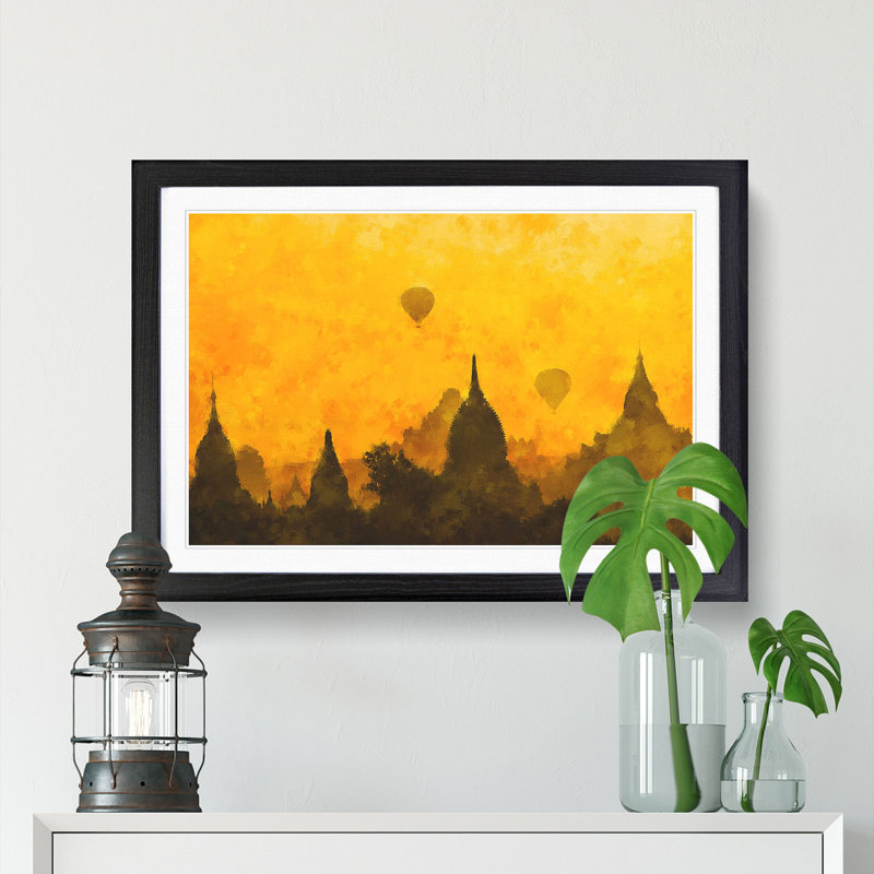 Hot Air Balloons over Old Bagan - Picture Frame Painting Print, 24cm H x 33cm W x 2cm D, Black Framed