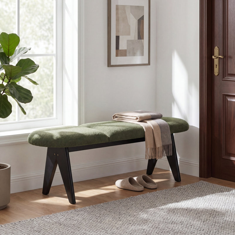 Banc rembourré avec pieds en bois noir, siège en tissu vert, fabrication en bois massif et manufacturé, capacité de 250 lb, banc d'entrée 53 po pour le salon et la chambre à coucher