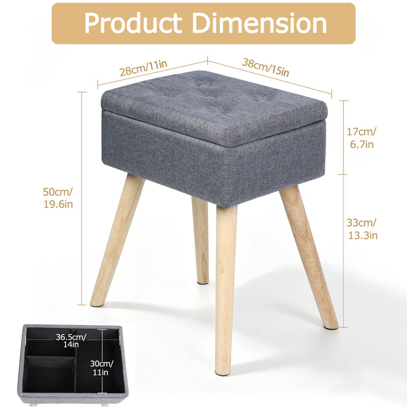 Banc de rangement avec repose-pieds et siège capitonné en tissu gris 38 x 28 x 50 cm