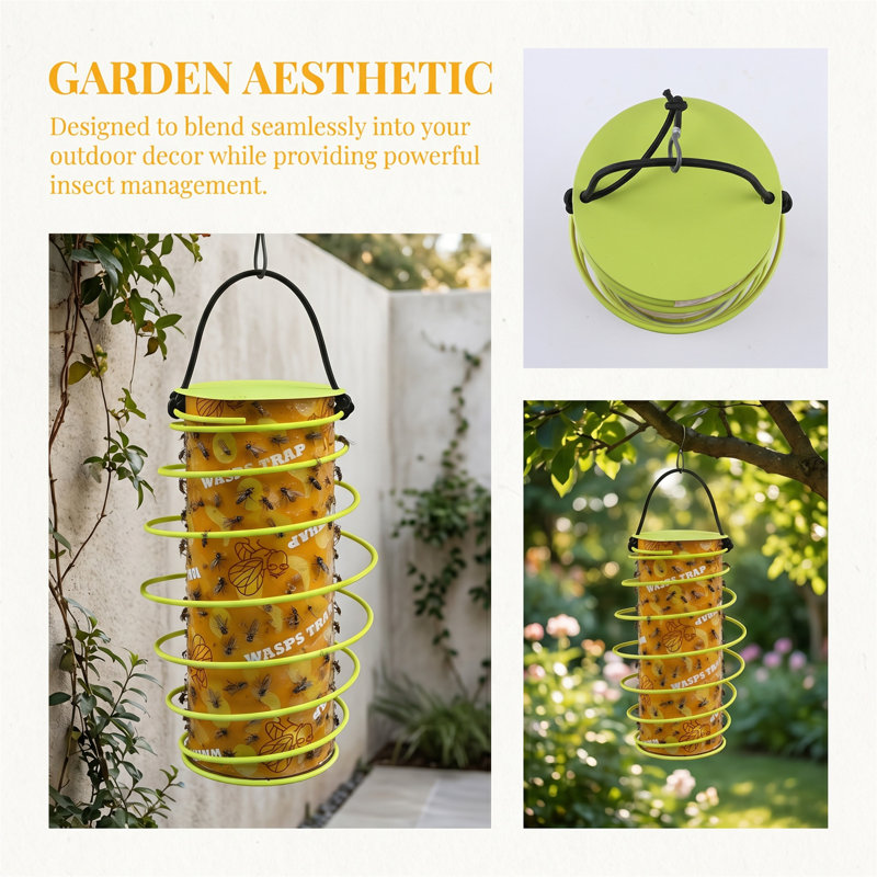 2‑Pack Hanging Outdoor Insect Catchers, Wasp & Fly Sticky Traps, Rainproof, Non‑Toxic, with Protective Coil Guard, Yellow