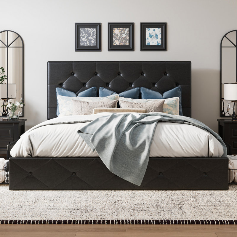 Silvester Modern Upholstered Platform Storage Bed with Wooden Slats, no box spring needed, Queen, Black Diamond Faux Leather