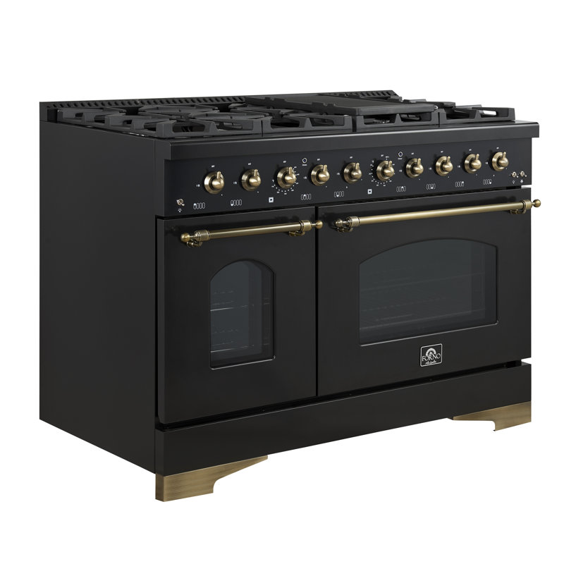 Cuisinière au gaz 48 pouces avec 8 brûleurs scellés 94 000 BTU Forno Antico, plaque chauffante, 5,5 pieds cubes Fours doubles, conception en laiton antique, écoénergétique