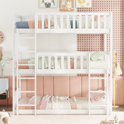 Twin Size Triple Rubber Wood Bunk Bed with Ladders and Guardrails – Detachable Twin over Twin over Twin Bunk Bed, White