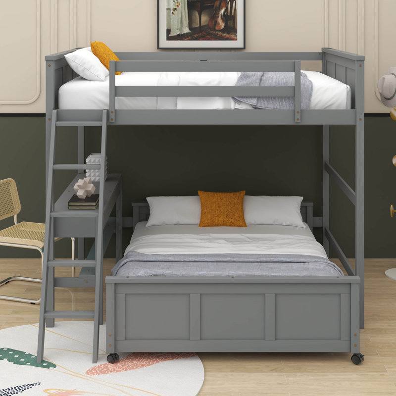 Icaro Bunk Bed with Desk, Full Over Full, Gray