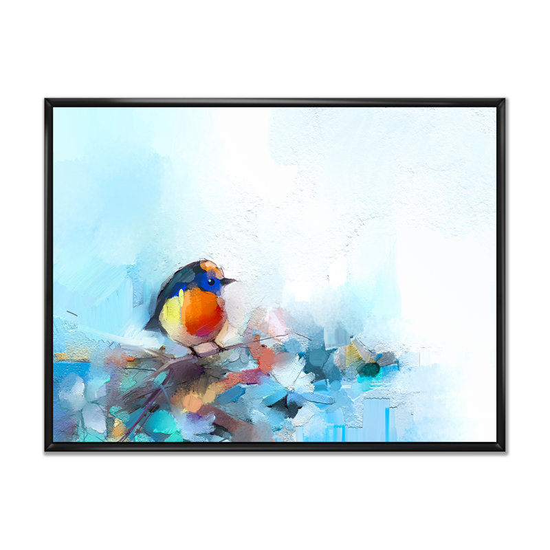 «Paintbrush Orange and Turquoise Bird», reproduction sur toile flottante, H 30 po x l 40 po x P 1,5 po, Cadre flottant noir