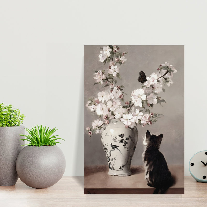 «Curious Kitten And Blossoms Peaceful Contemporary», H 18 po x l 12 po