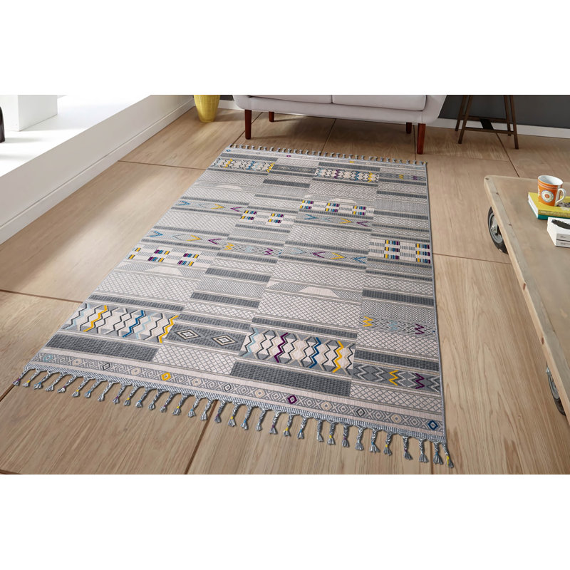Tapis en polyester tissé à la machine Parkeston - jaune / blanc / gris, Rectangle 5 pi 1 po x 7 pi 7 po