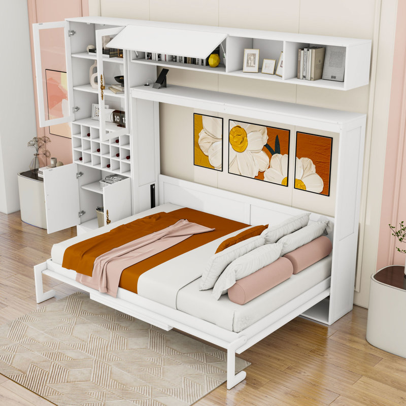 Lit escamotable en bois avec canapé et armoire et port USB, Double, Blanc