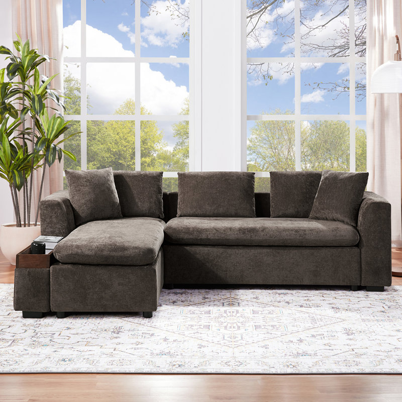 Canapé modulaire avec canapé en L 93,7 po et compartiment de rangement en bois pour salon, Chenille brun