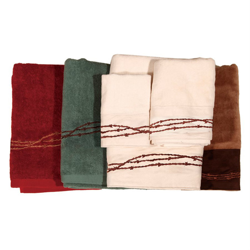 Rustic Barbwire Cotton Embroide Print Western Rustic Style 3 Piece Towel Set, Red